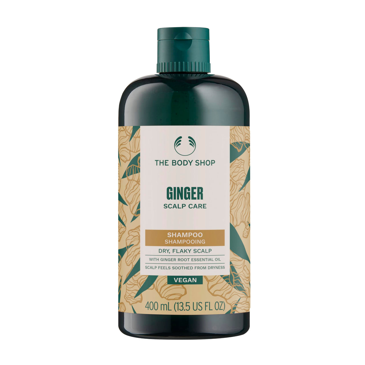 The Body Shop ginger shampoo front packaging shows bottle and branding, highlighting clean scalp benefit