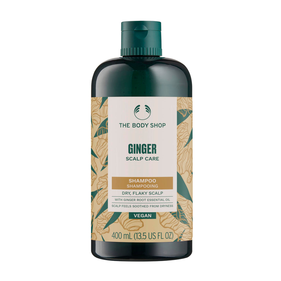 The Body Shop ginger shampoo front packaging shows bottle and branding, highlighting clean scalp benefit