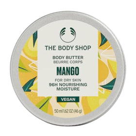 The Body Shop mango body butter front tub showing label and size benefits