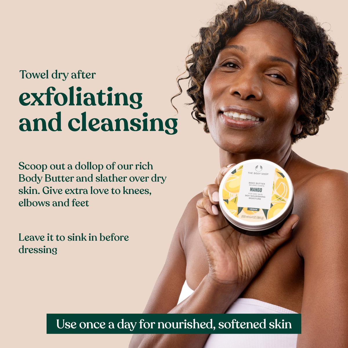 The Body Shop mango body butter tub highlighting recycled-plastic packaging advantage