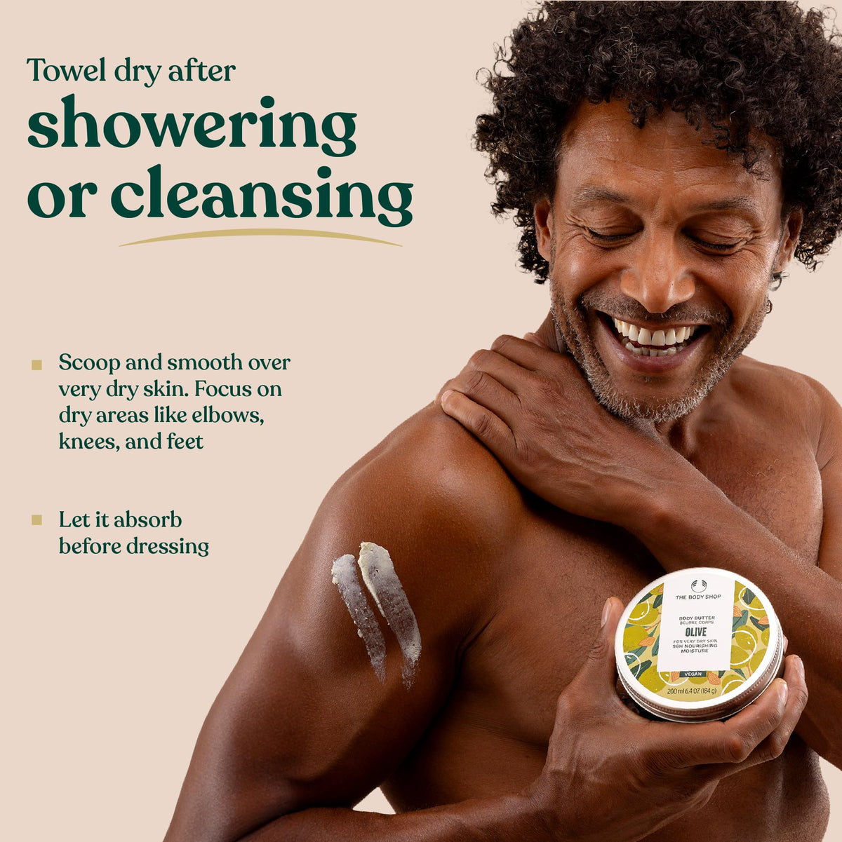 The Body Shop Olive Body Butter in bathroom lifestyle scene suggesting self-care