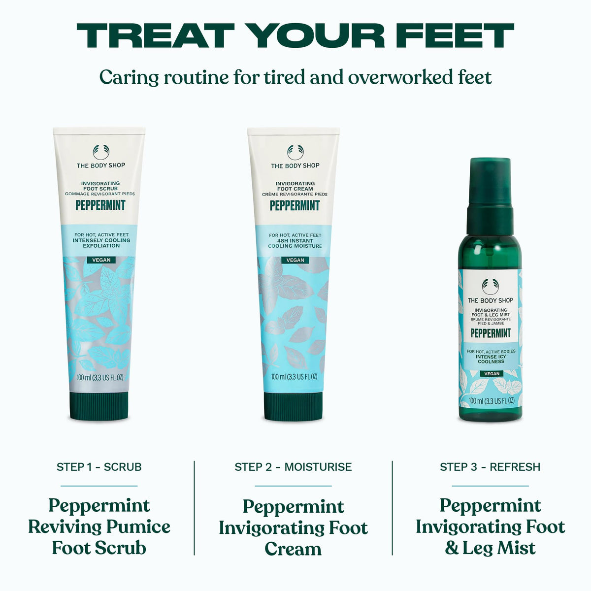 The Body Shop peppermint foot cream styled on bathroom shelf for routine use