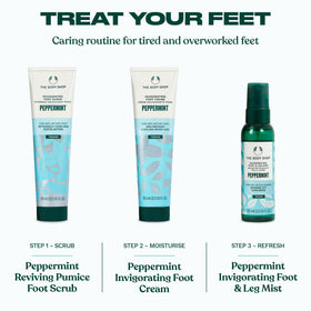 The Body Shop peppermint foot cream styled on bathroom shelf for routine use