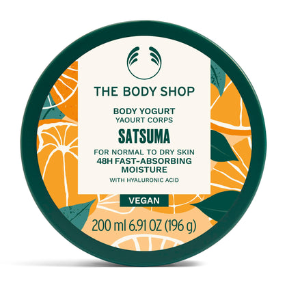The Body Shop satsuma body yogurt jar front view showing label and citrus scent benefit