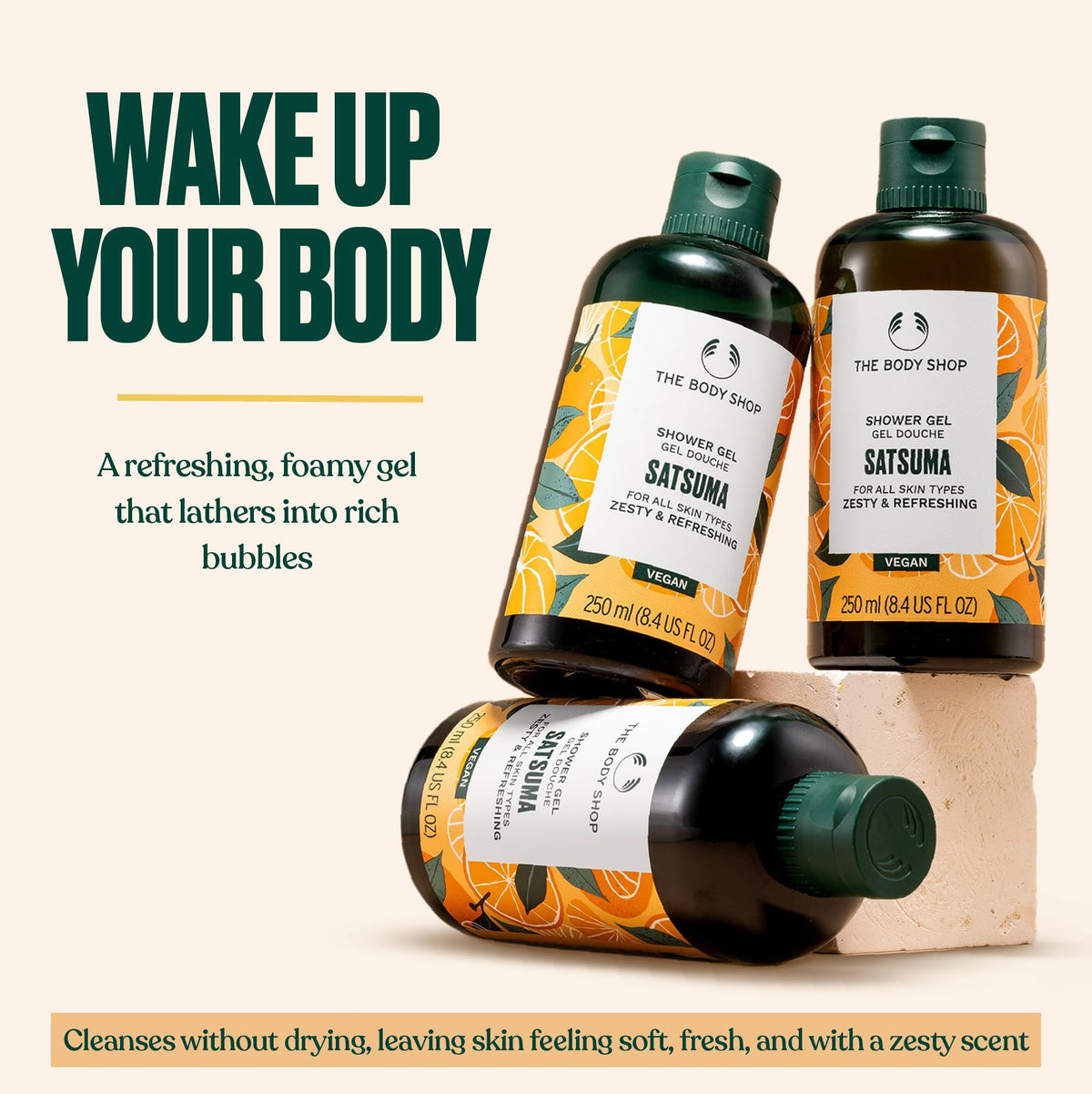 The Body Shop Satsuma cap and label detail highlighting ingredient transparency