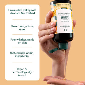 The Body Shop Satsuma in-shower use illustrating easy foaming and refreshment