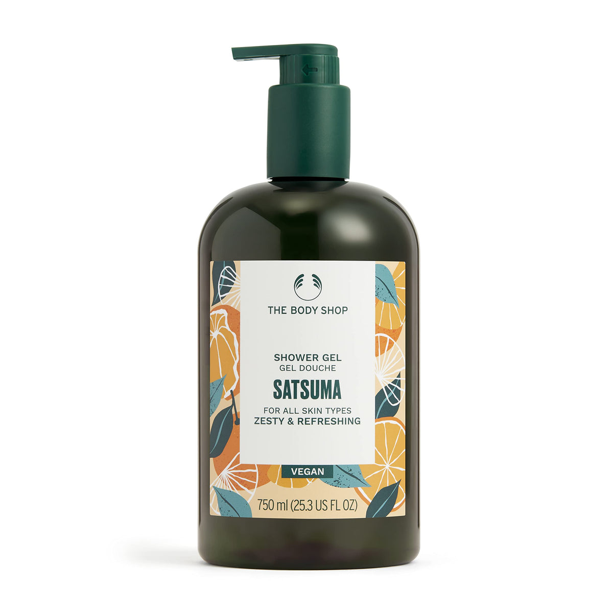 The Body Shop front bottle showing satsuma shower gel and refreshing citrus scent