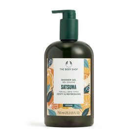 The Body Shop front bottle showing satsuma shower gel and refreshing citrus scent