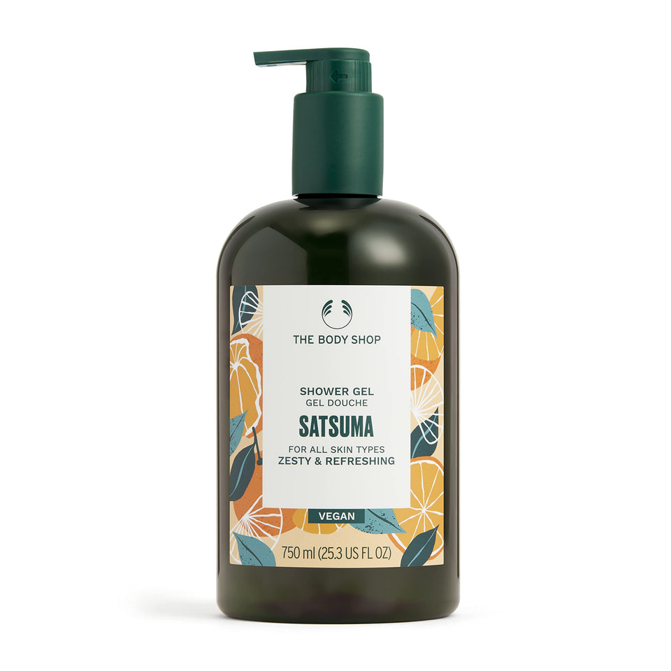 The Body Shop front bottle showing satsuma shower gel and refreshing citrus scent