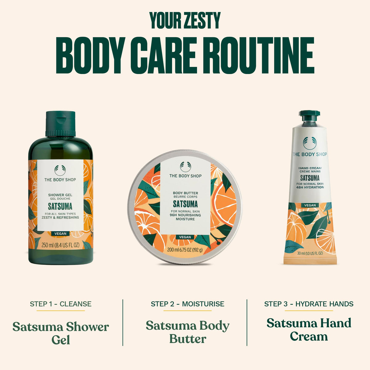 The Body Shop bottle next to a hand for scale highlighting the 25.3 fl oz size