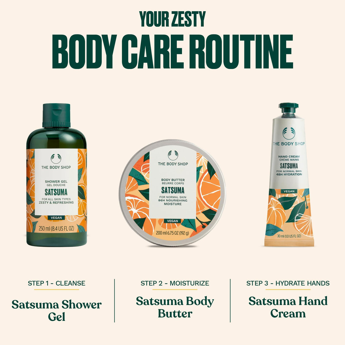 The Body Shop Satsuma size comparison in hand showing portable 8.4 fl oz