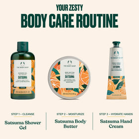 The Body Shop Satsuma size comparison in hand showing portable 8.4 fl oz