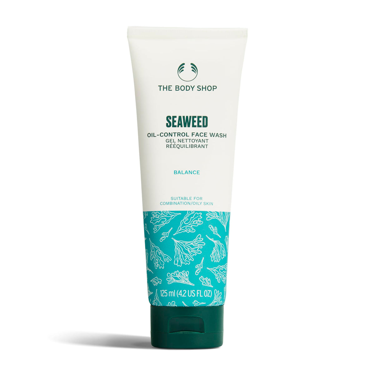 The Body Shop seaweed gel cleanser tube front view showing label and recyclable packaging benefit