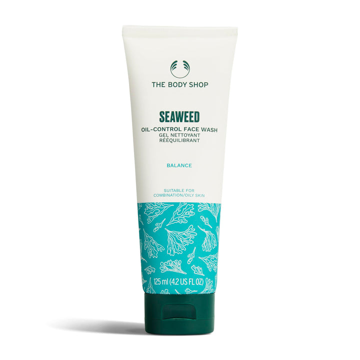 The Body Shop seaweed gel cleanser tube front view showing label and recyclable packaging benefit