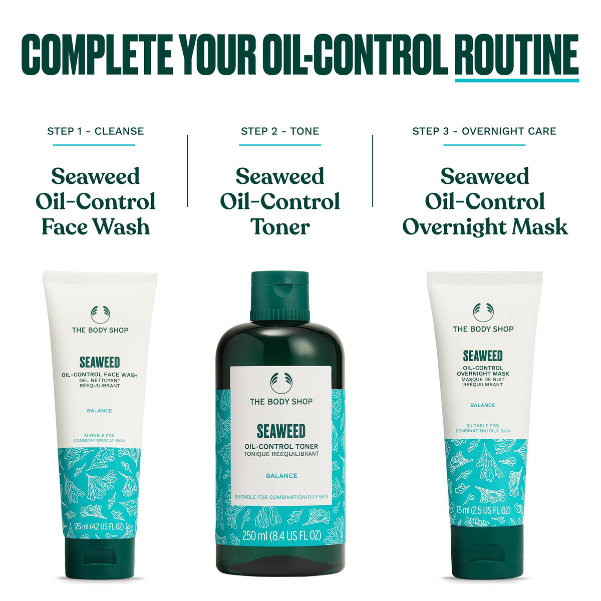 Bathroom shelf with The Body Shop seaweed cleanser in routine setting showing daily refreshment benefit