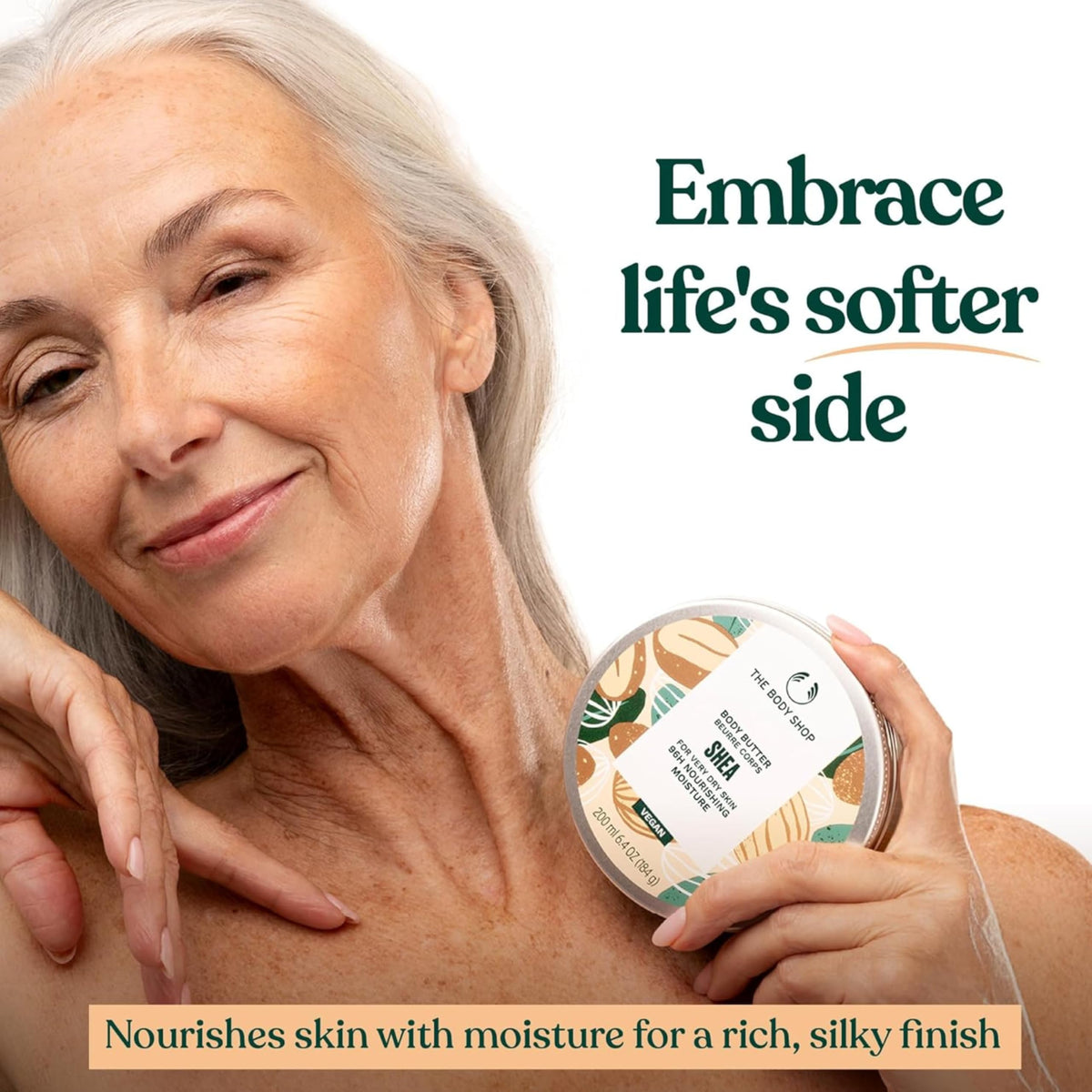 Using The Body Shop shea body butter on elbow showing intense moisturization for dry patches