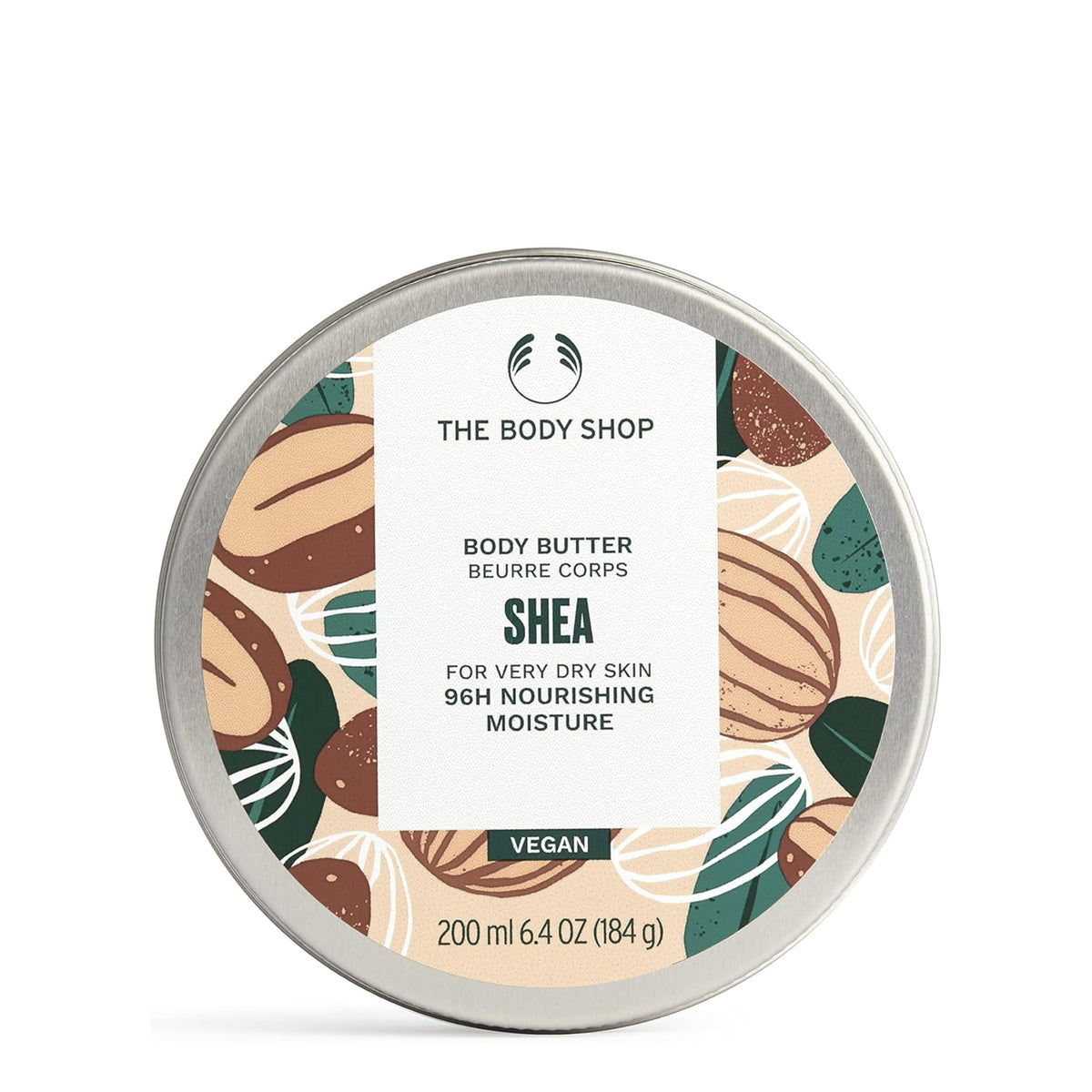 The Body Shop shea body butter front jar showing size and label for clear identification and benefit