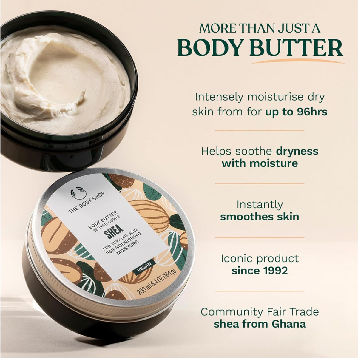 Shea butter and babassu oil ingredients beside jar showing natural origin and nourishing benefit