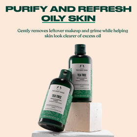 The Body Shop close-up of label highlighting tea tree and salicylic benefits