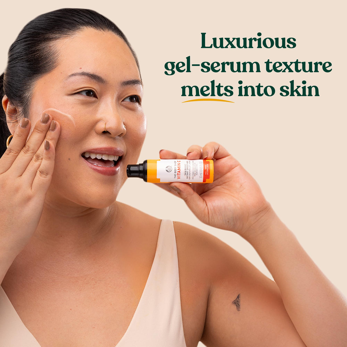 The Body Shop serum rubbed on hand showing fast absorption and silkiness