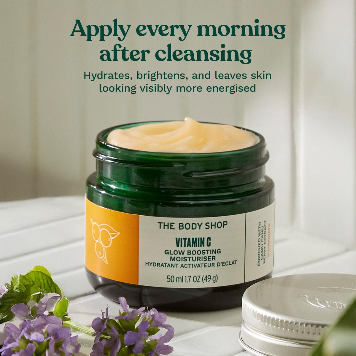 The Body Shop in bathroom setting illustrating morning skincare routine