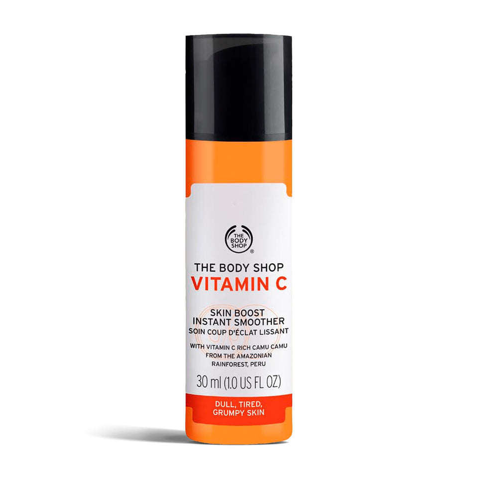 The Body Shop bottle front view showing product benefits and radiant packaging
