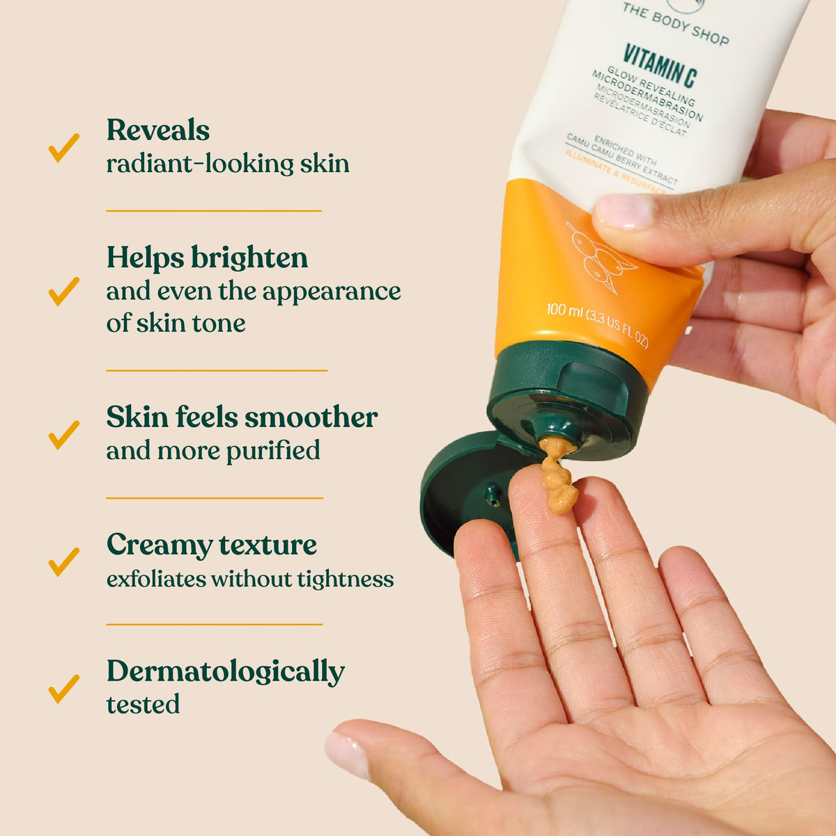 The Body Shop tube beside camu camu berries highlighting vitamin C boost