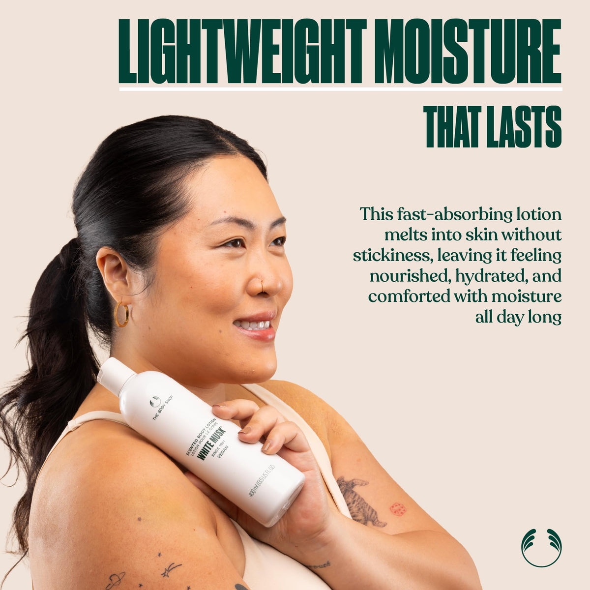 The Body Shop applying lotion on arm demonstrating smooth hydration