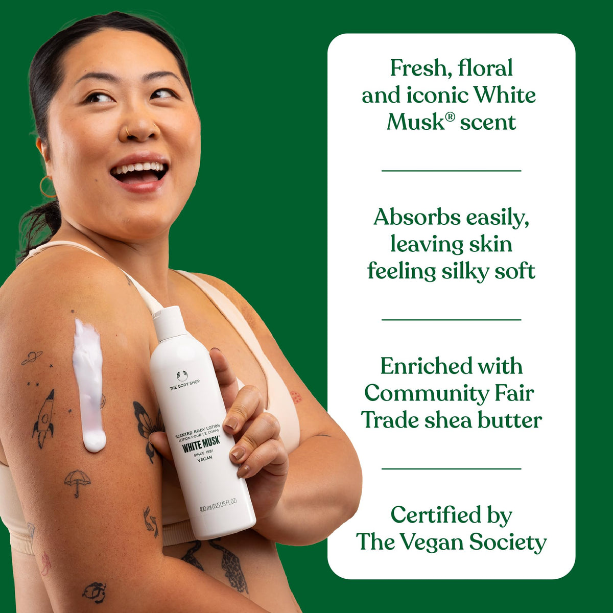 The Body Shop packaging label showing recycled plastic and fair-trade info