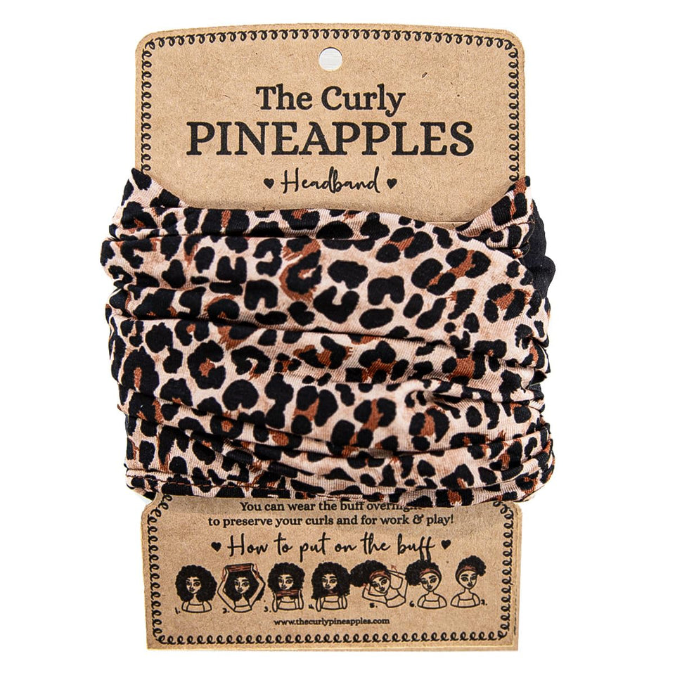 The Curly Pineapples cheetah headband front view showing full coverage and secure hold