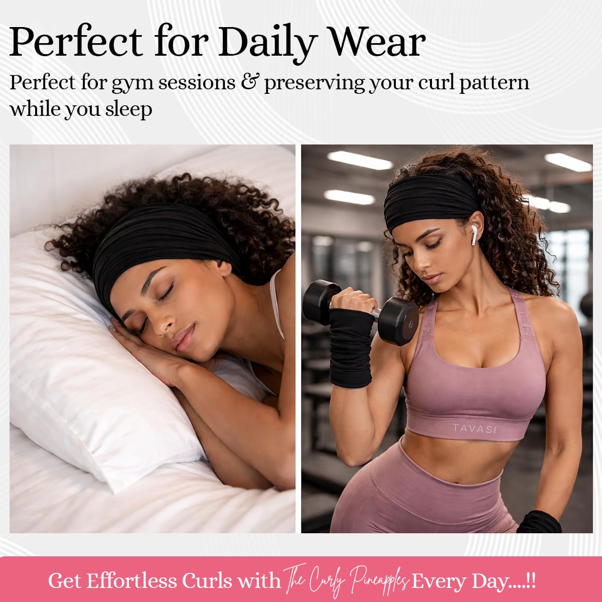 The Curly Pineapples headband held in hand showing adult size and generous coverage benefit