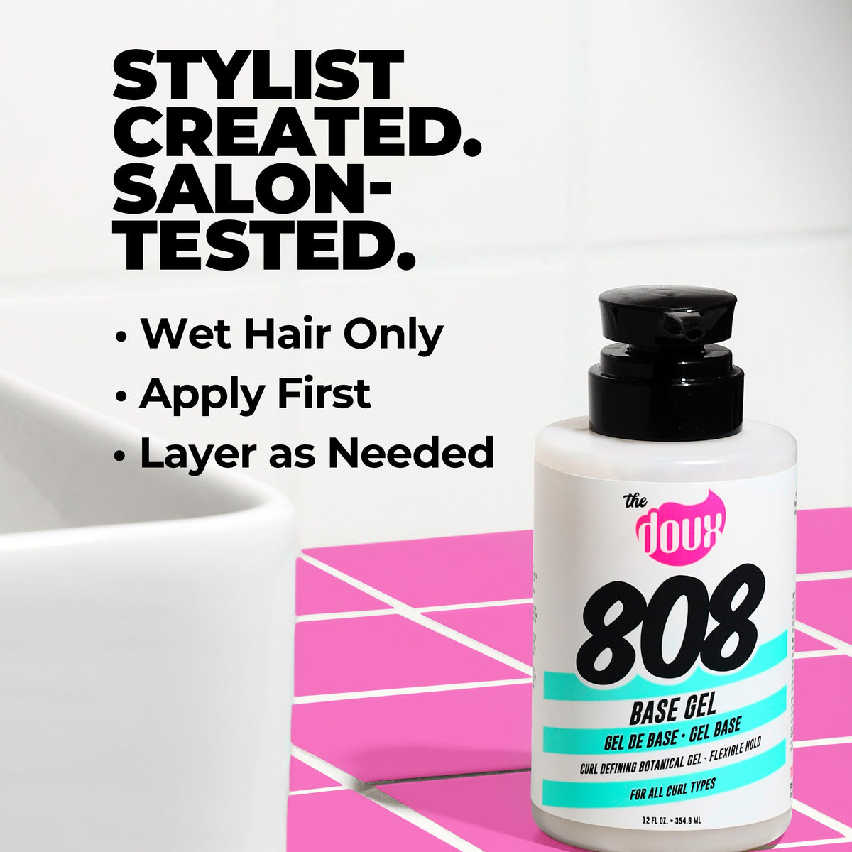 Diffused dry curls styled with The Doux 808 Base Gel, showing bounce, shine, and flexible hold