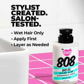 Diffused dry curls styled with The Doux 808 Base Gel, showing bounce, shine, and flexible hold
