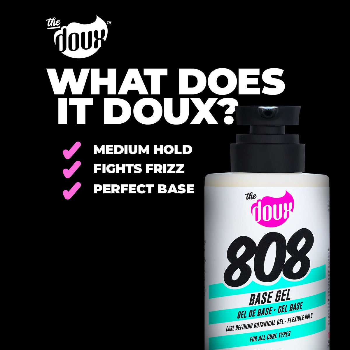 Ingredient label of The Doux 808 Base Gel highlighting honey, aloe, slippery elm benefits