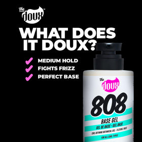 Ingredient label of The Doux 808 Base Gel highlighting honey, aloe, slippery elm benefits