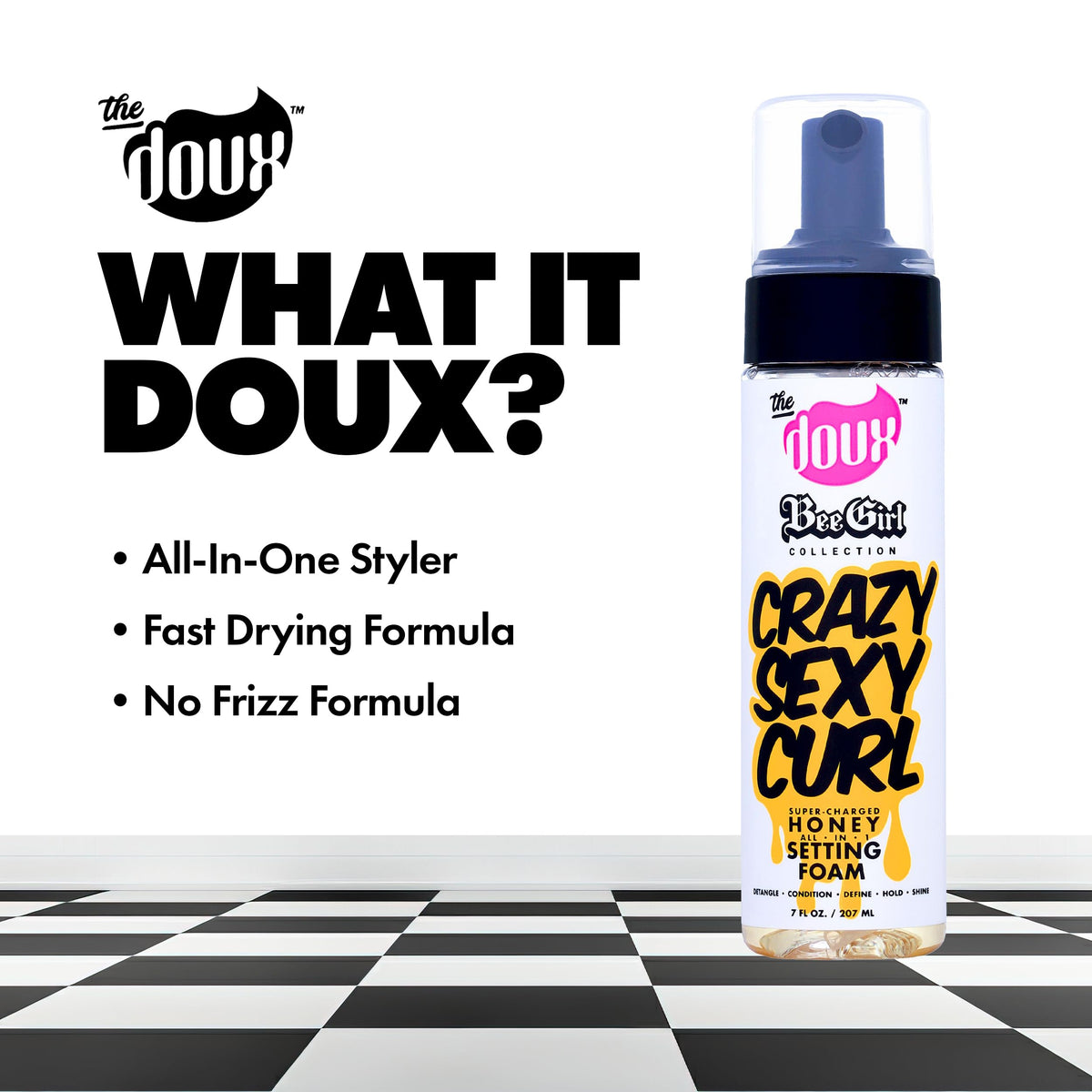 The Doux before and after wash-and-go results showing enhanced curl definition
