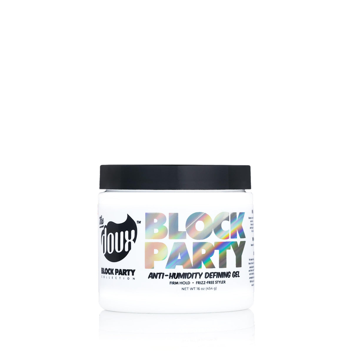 The Doux front label showing product jar and glossy definition benefits