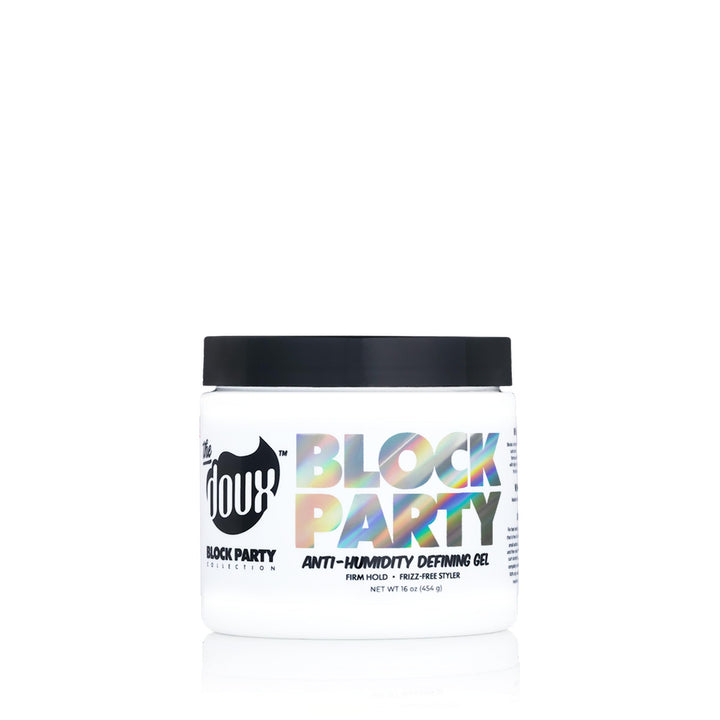 The Doux front label showing product jar and glossy definition benefits