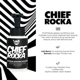 The Doux Chief Rocka mousse dispensed in hand demonstrating lightweight foam for easy styling