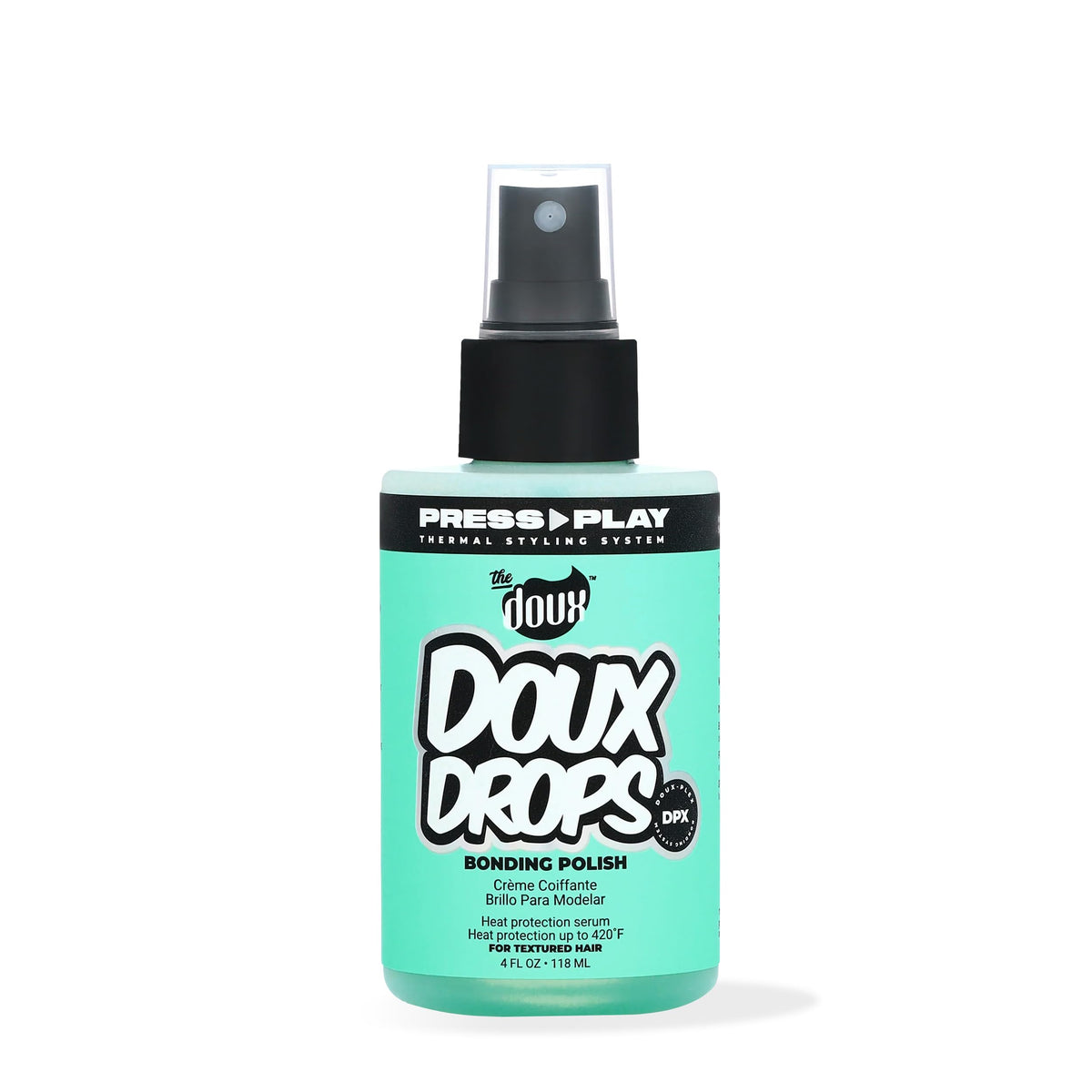 The Doux front packaging showing bottle and branding, promotes polished shine