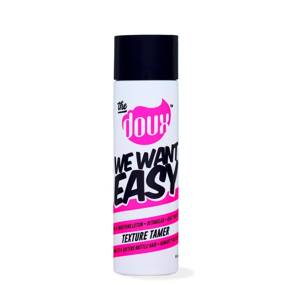 The Doux front bottle showing label and easy‑to‑use pump for styling convenience