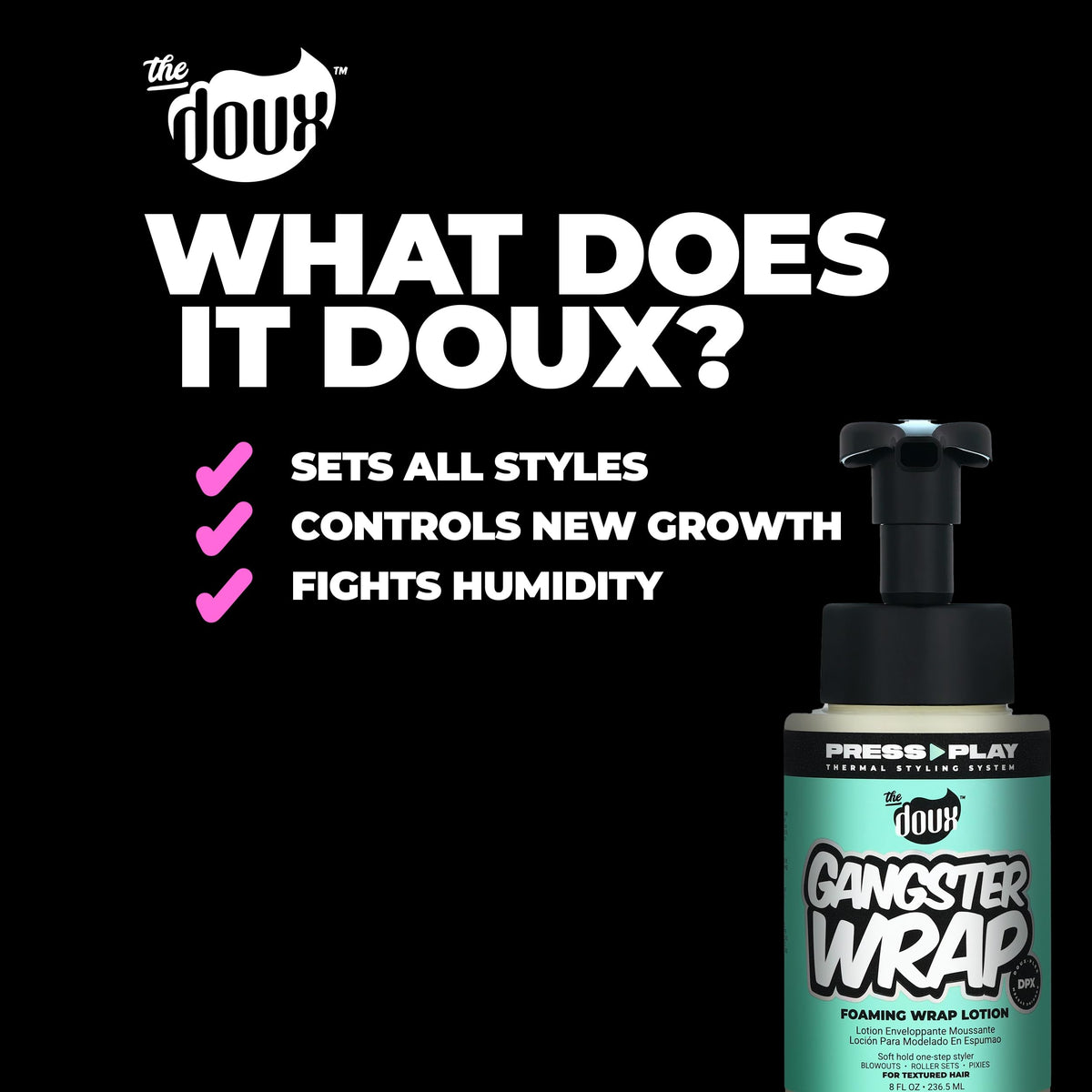 The Doux GANGSTER WRAP bottle beside a hand to show size and travel-friendly benefit