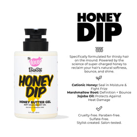 The Doux Honey Dip applied on curly hair demonstrating definition, shine, and frizz control