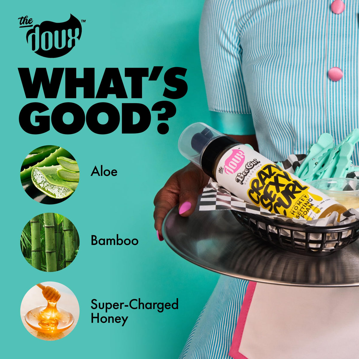 The Doux product label close-up highlighting honey and silk amino acids