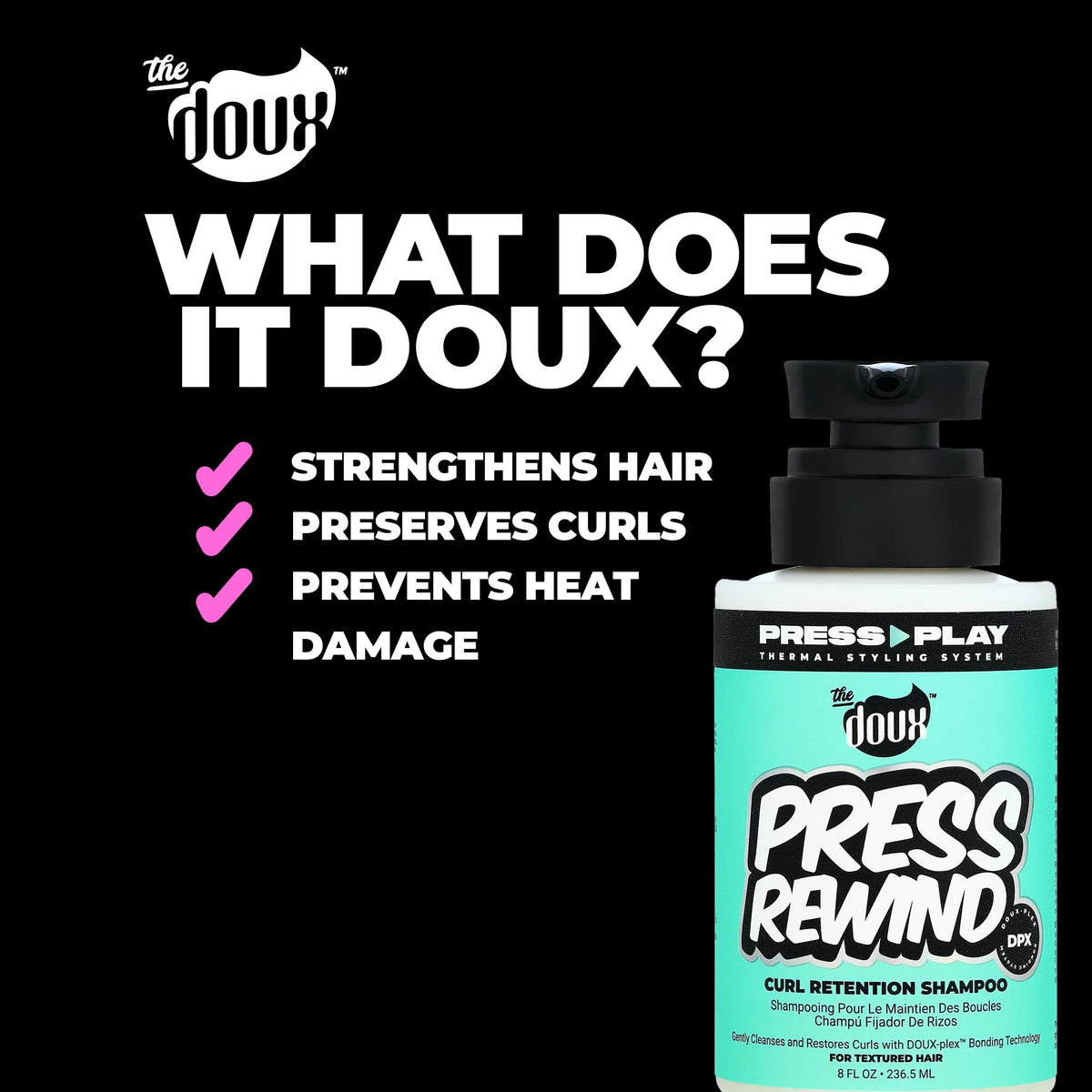 The Doux shampoo on a bathroom shelf styled for routine appeal
