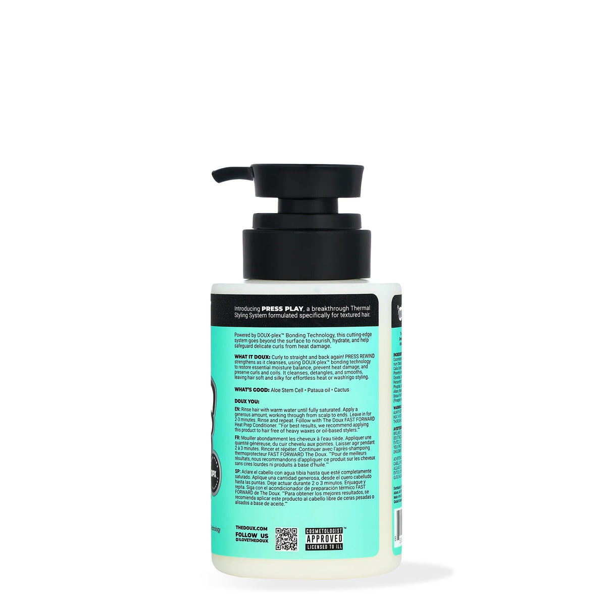 The Doux shampoo bottle and pump highlighting easy dispensing