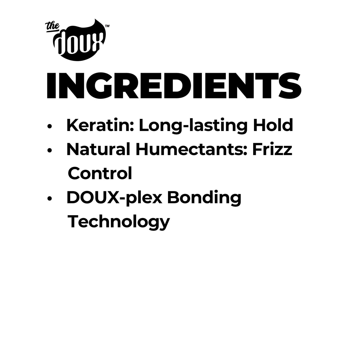 The Doux label close-up highlighting keratin and Doux-Plex benefits