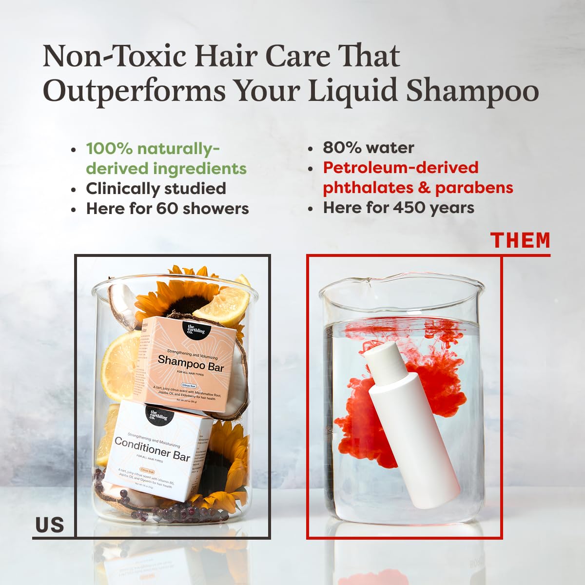 The Earthling Co. before-and-after wet hair image showing added shine and volume