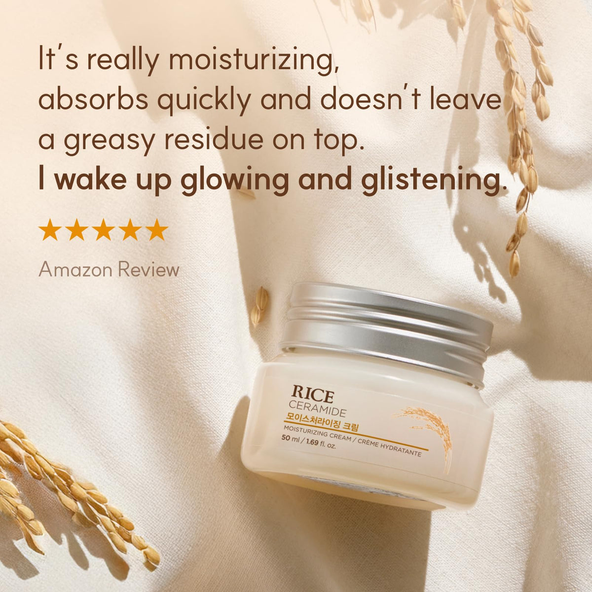 the face shop rice ceramide cream being smoothed on cheek and neck for even hydration