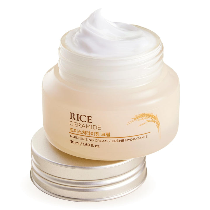 the face shop rice ceramide cream front jar showing label and compact size benefits